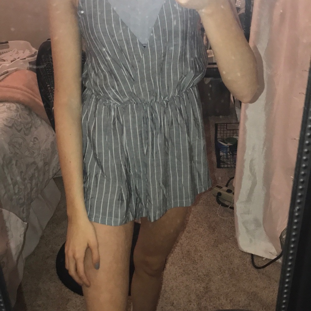 Grey and white vertical striped jumpsuit